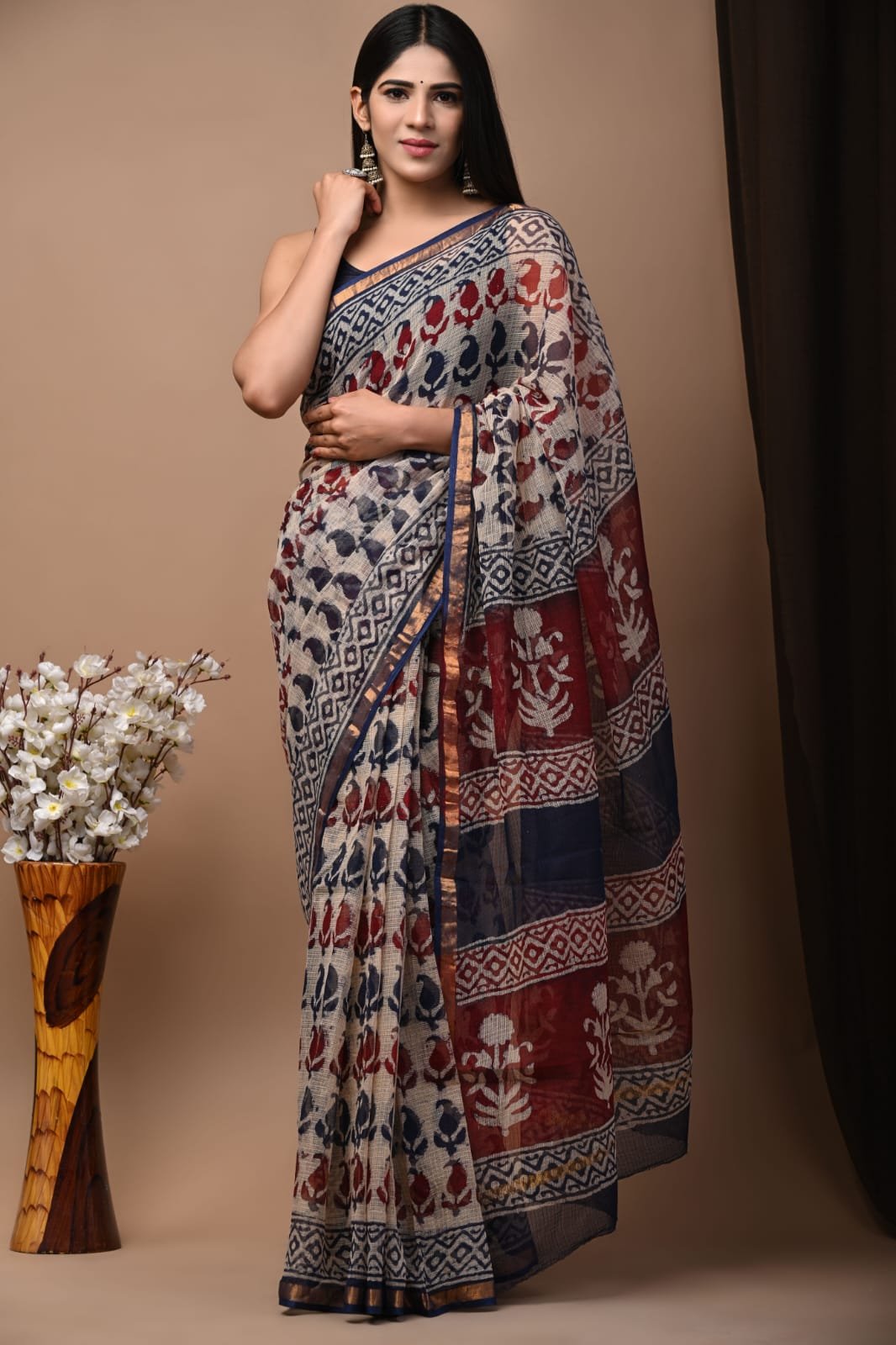 Red and blue floral Bagru hand block print Kota Doriya silk saree