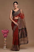 Brick Red & Black Geometric Bagru Hand Block Print Kota Doriya Silk Saree With Blouse Piece