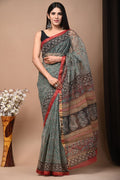Teal & Black Floral Paisley Bagru Hand Block Print Kota Doriya Silk Saree With Blouse Piece