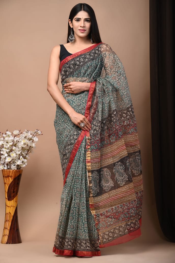 Teal and black Kota Doriya saree with floral Bagru hand block print and red border