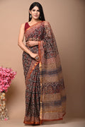 Maroon & Black Floral Buti Bagru Hand Block Print Kota Doriya Silk Saree With Blouse Piece