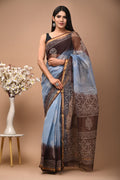 Brown & Sky Blue Floral Design Bagru Hand Block Print Kota Doriya Silk Saree With Blouse Piece