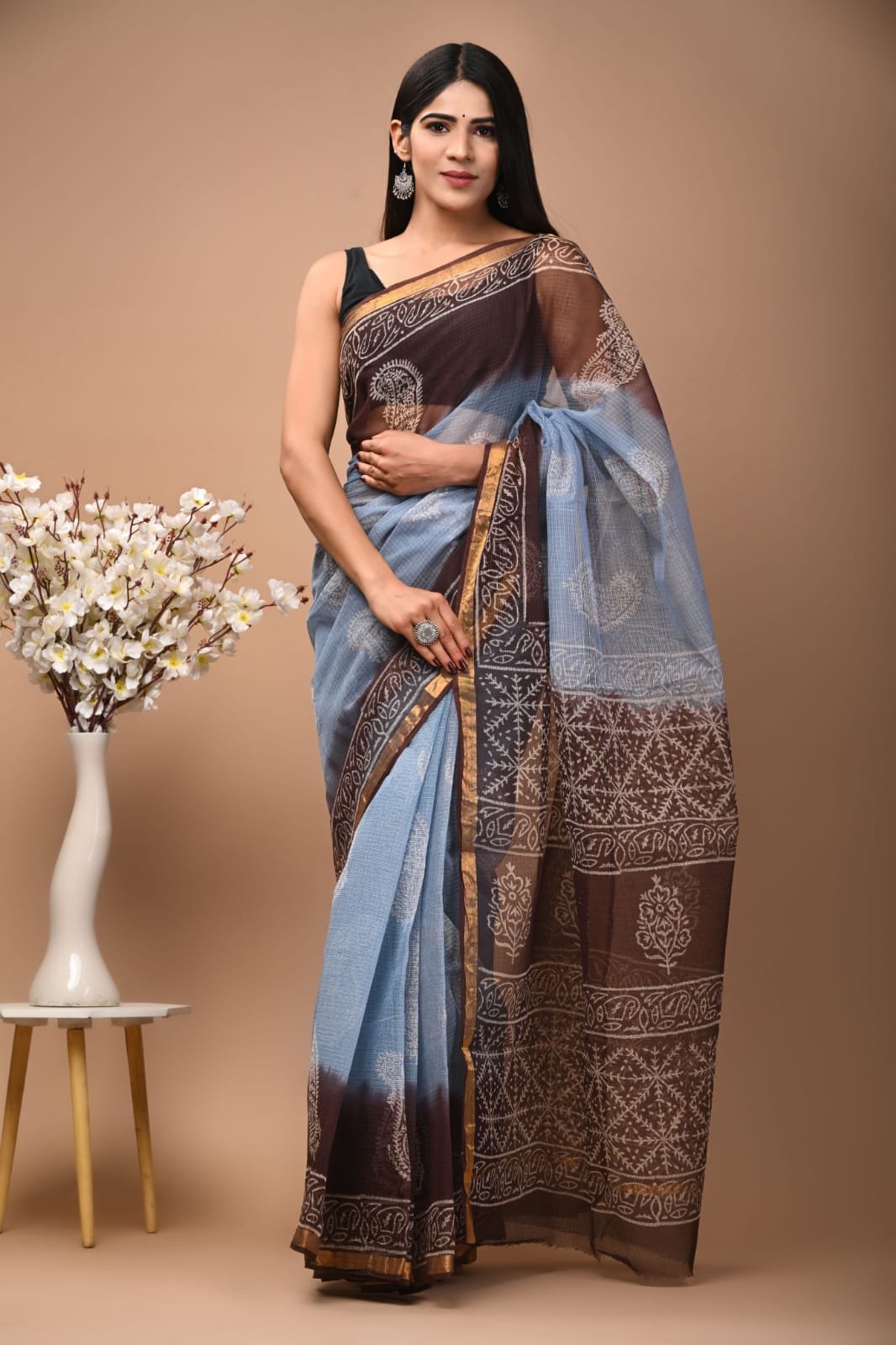 Brown and blue saree with floral Bagru hand block print motifs and border design