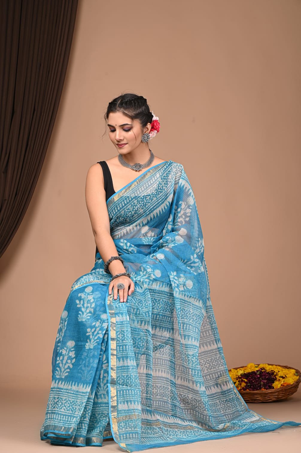 Blue saree with floral and geometric Bagru hand block prints
