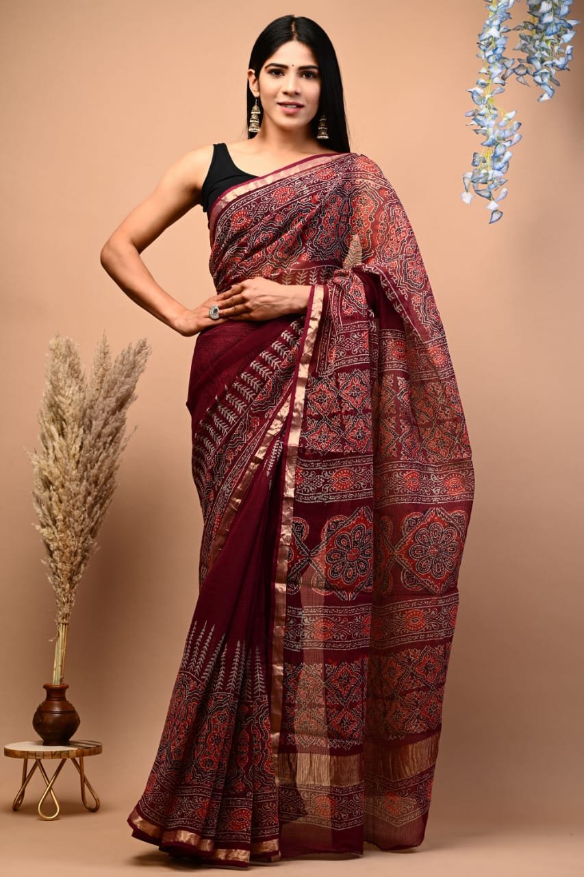 Maroon saree with floral and geometric Bagru print motifs