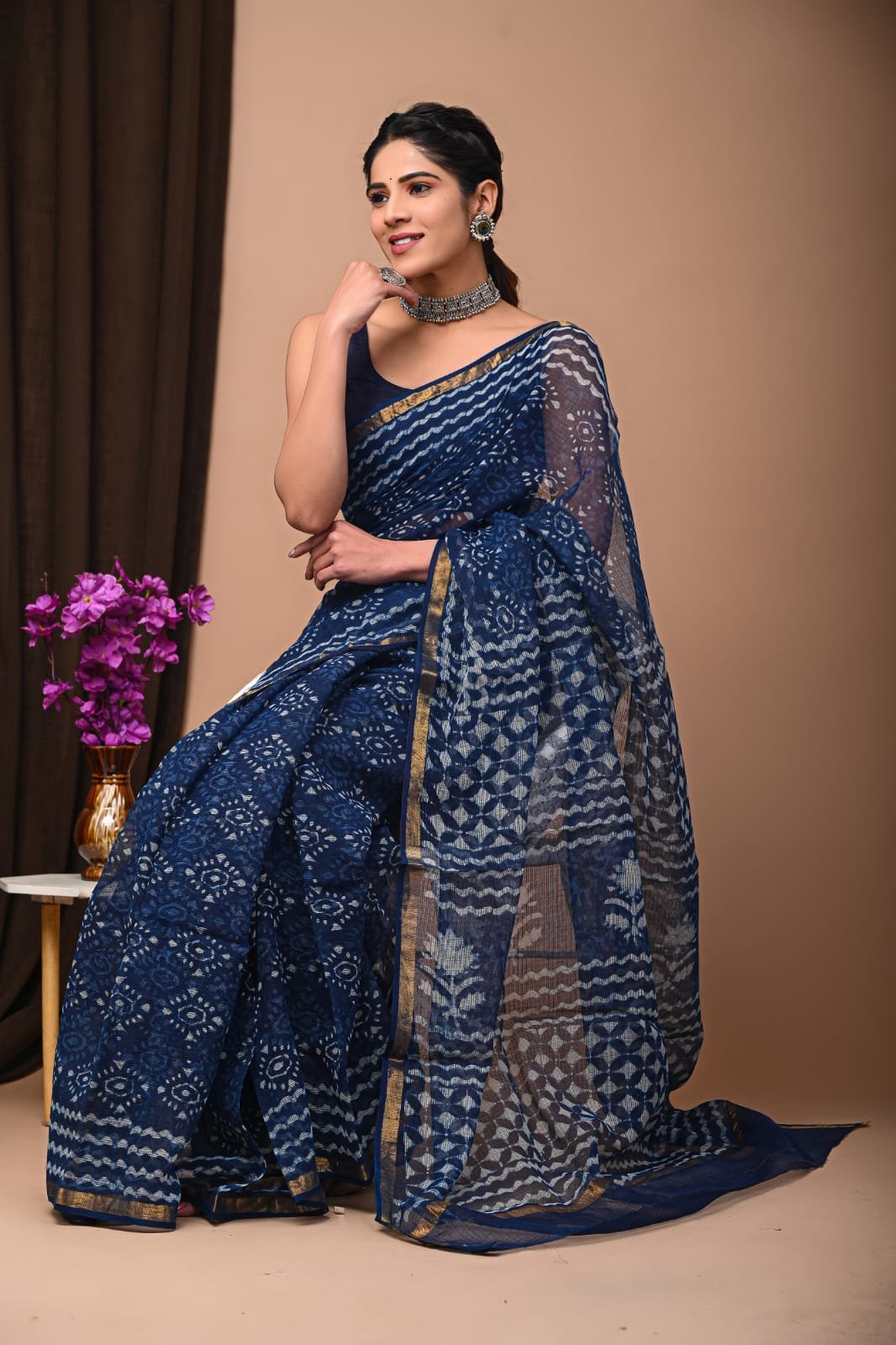 Navy blue saree with geometric Bagru hand block prints and gold border