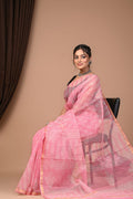 Pink & White Floral Buti Bagru Hand Block Print Kota Doriya Silk Saree With Blouse Piece