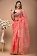 Pink & Off-White Floral Buti Bagru Hand Block Print Kota Doriya Silk Saree With Blouse Piece