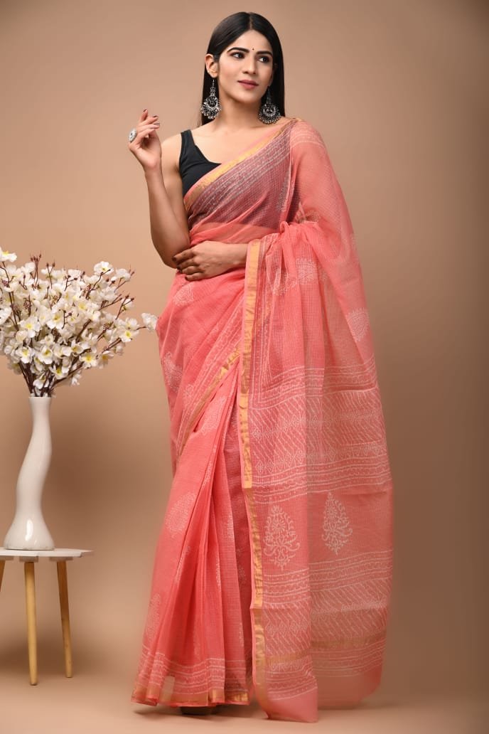 Pink saree with floral Bagru hand block print and yellow border