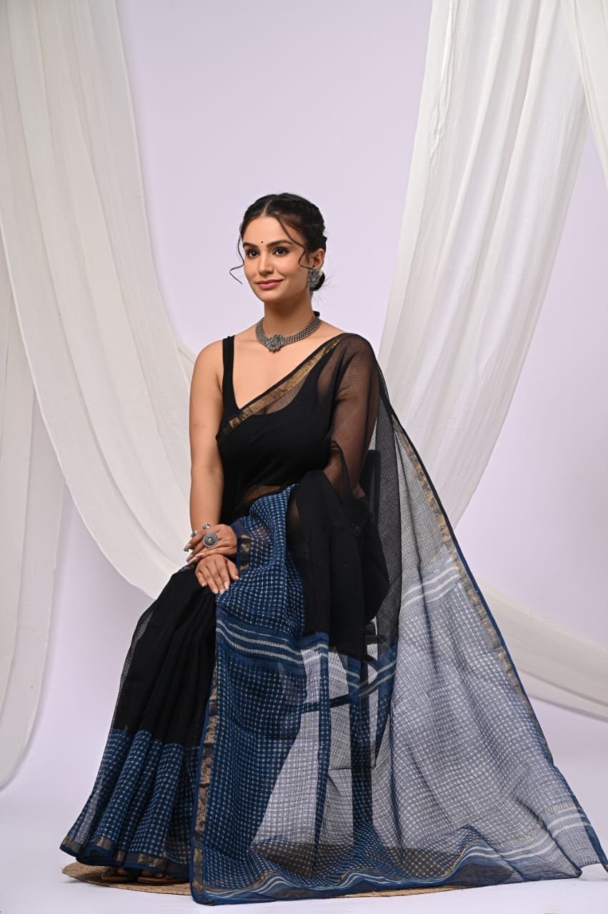 Black and blue saree with geometric Bagru hand block patterns and khat texture
