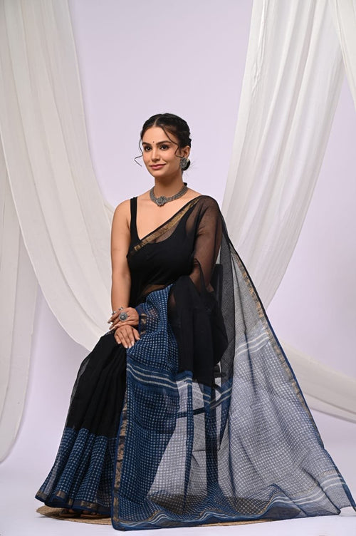 Black & Blue Geometric Khat Check Bagru Hand Block Print Kota Doriya Silk Saree With Blouse Piece