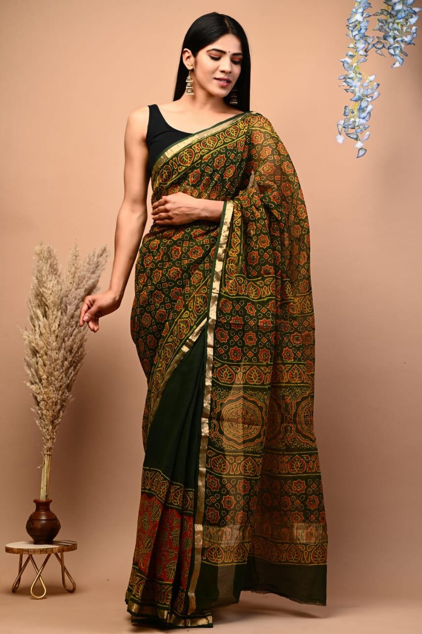 Green saree with floral Bagru hand block print and khat texture