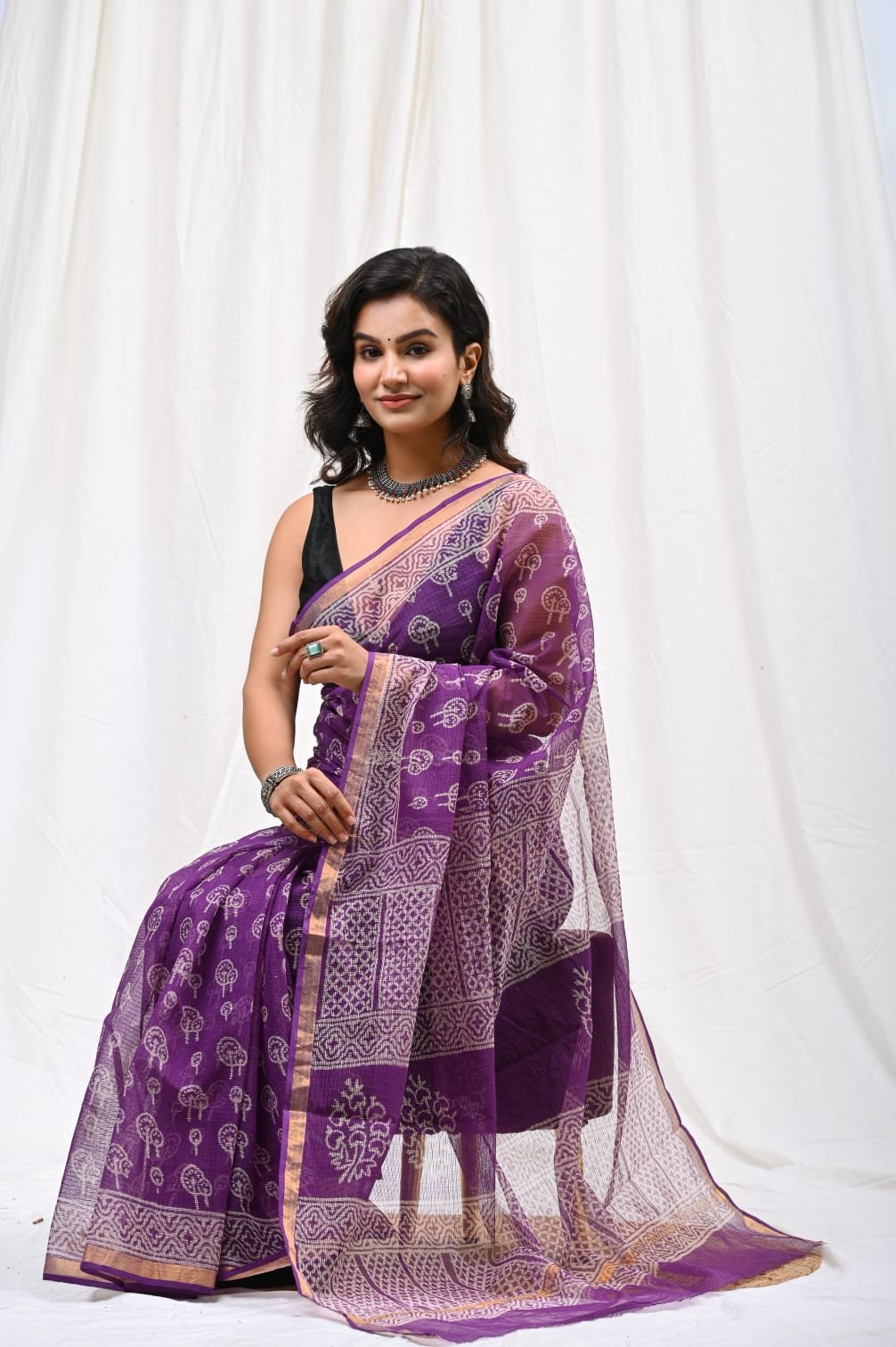Purple Kota Doriya silk saree with floral Bagru hand block print pattern