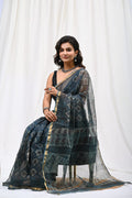 Navy Blue & Gold Floral Buti Bagru Hand Block Print Kota Doriya Silk Saree With Blouse Piece