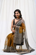 Mustard & Black Geometric Bagru Hand Block Print Kota Doriya Silk Saree With Blouse Piece