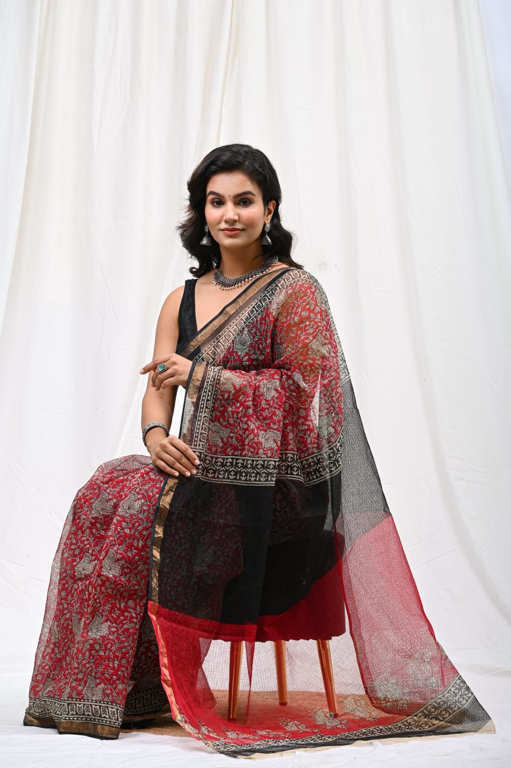 Red and black floral Kota Doriya saree with Bagru hand block printing