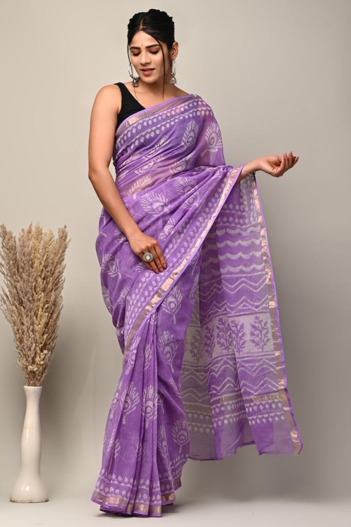 Lavender saree with floral Bagru hand block print and golden border