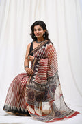Red & Black Striped Geometric Bagru Hand Block Print Kota Doriya Silk Saree With Blouse Piece