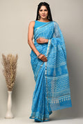 Blue & White Geometric Bagru Hand Block Print Kota Doriya Silk Saree With Blouse Piece