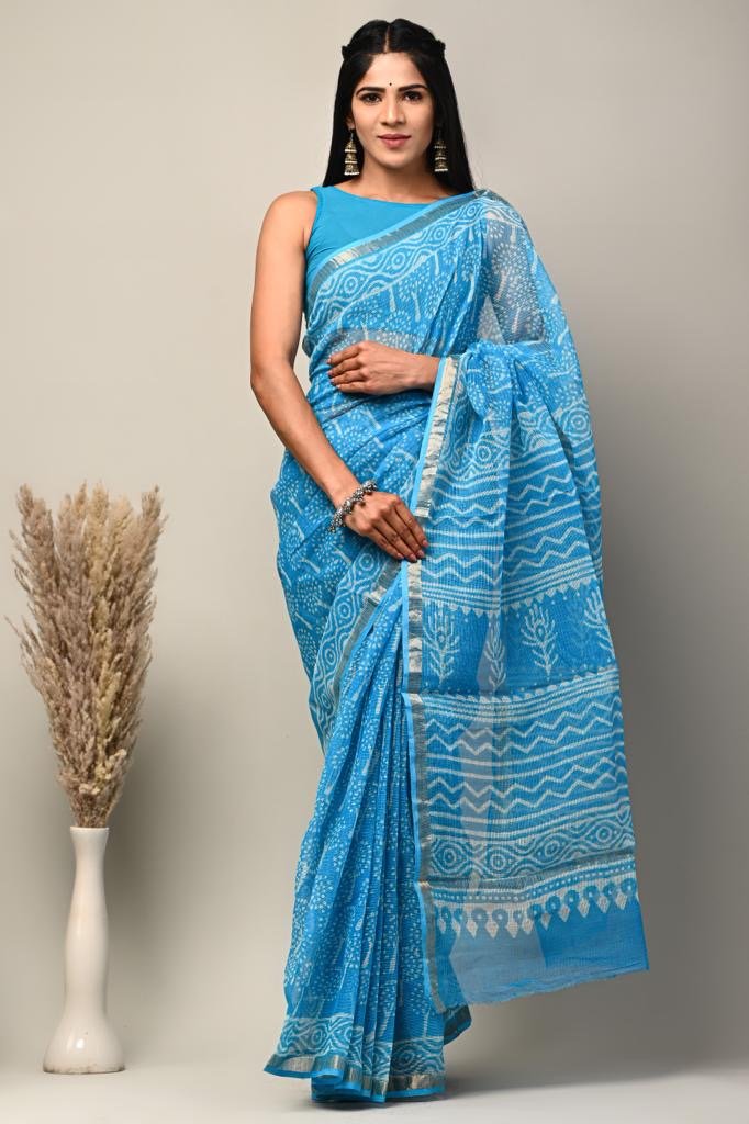 Blue Kota Doriya saree with white geometric Bagru hand block prints