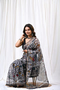 Black saree with multicolor floral Bagru hand block print design
