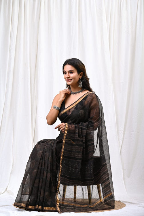 Black & Gold Floral Motif Bagru Hand Block Print Kota Doriya Silk Saree With Blouse Piece