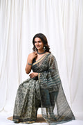 Grey saree with floral and geometric Bagru block patterns