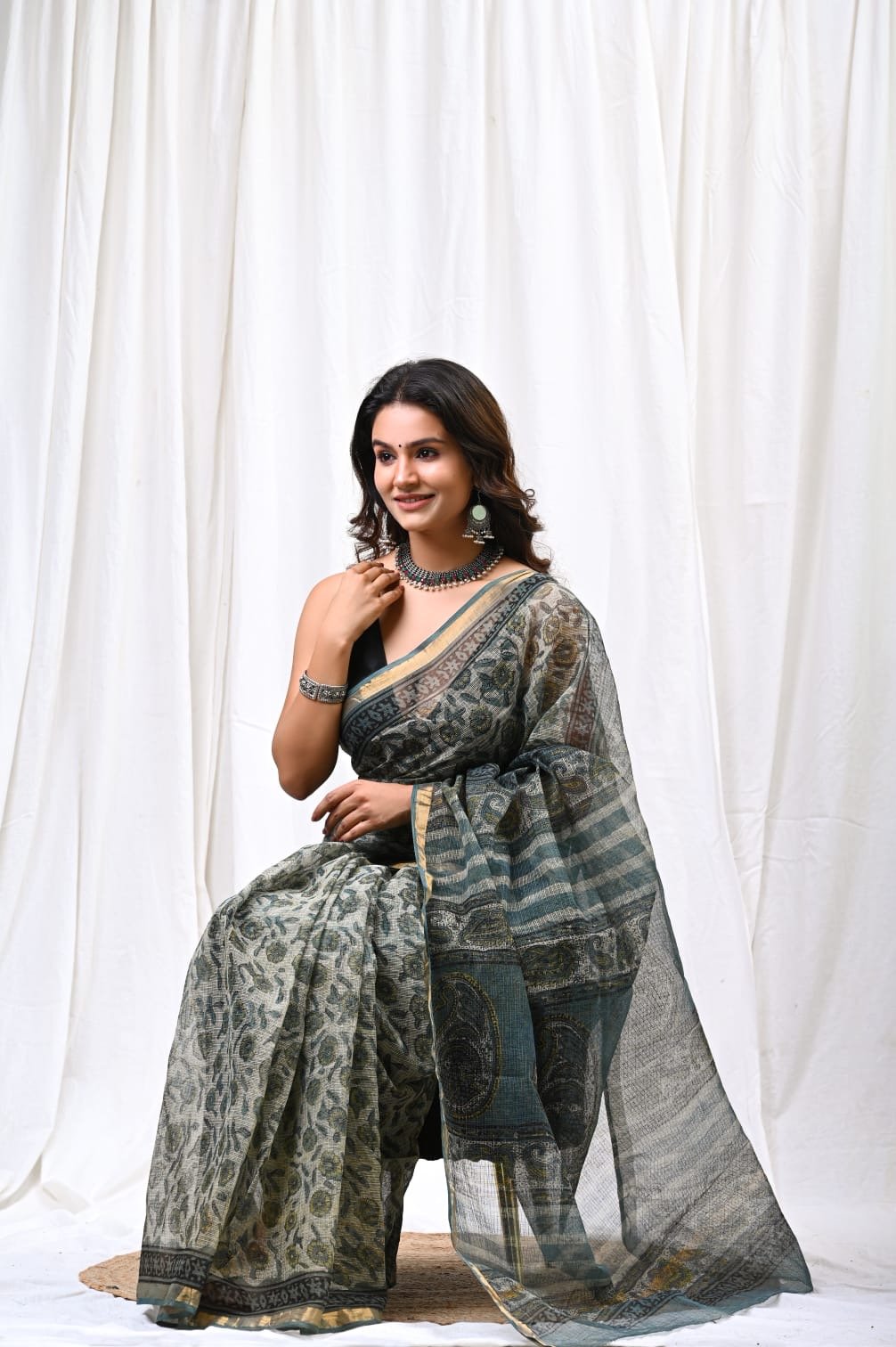 Grey saree with floral and geometric Bagru block patterns