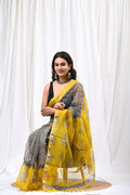 Yellow & Black Floral Buti Bagru Hand Block Print Kota Doriya Silk Saree With Blouse Piece