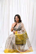 Yellow & Black Figurative Motif Bagru Hand Block Print Kota Doriya Silk Saree With Blouse Piece