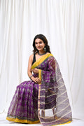 Purple & Yellow Floral Buti Bagru Hand Block Print Kota Doriya Silk Saree With Blouse Piece