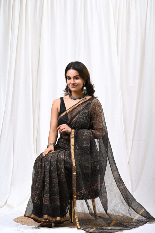Black & Gold Floral Motifs Bagru Hand Block Print Kota Doriya Silk Saree With Blouse Piece