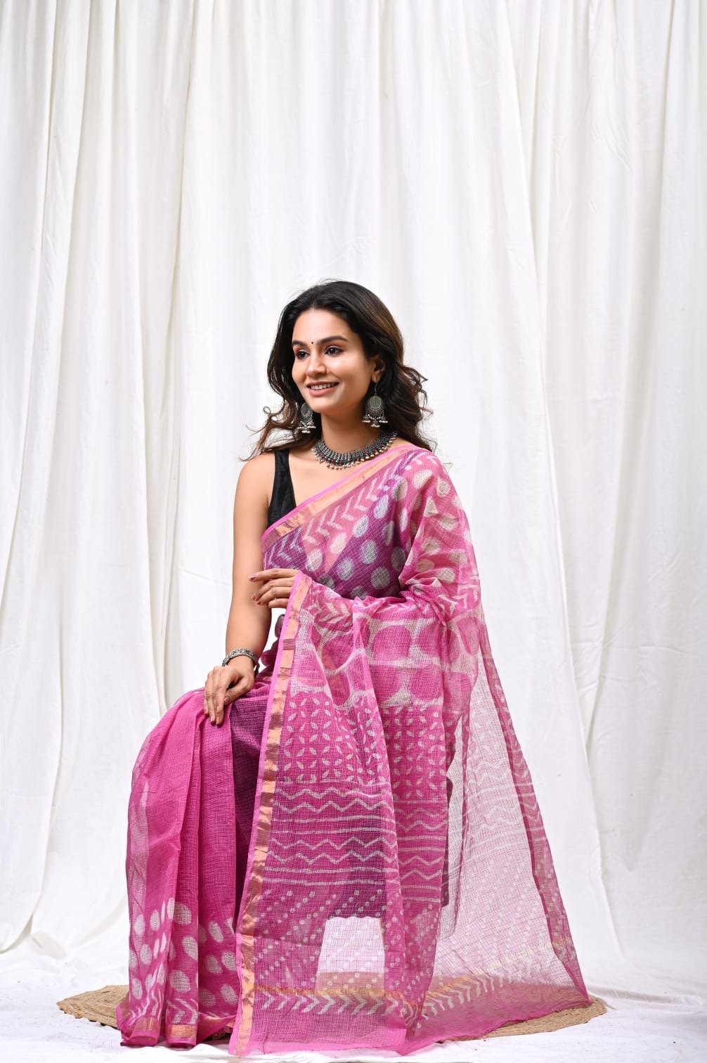 Pink saree with geometric Bagru hand block print and khat texture