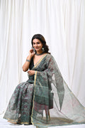 Green saree with floral Bagru hand block prints and khat texture