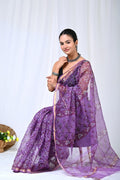Purple & Maroon Floral Buti Bagru Hand Block Print Kota Doriya Silk Saree With Blouse Piece