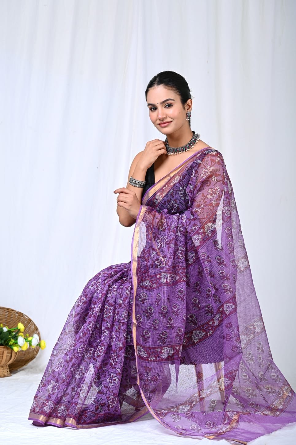 Purple saree with floral Bagru hand block print and khat texture