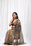 Beige & Black Floral Buti Bagru Hand Block Printed Kota Doriya Silk Saree With Blouse Piece