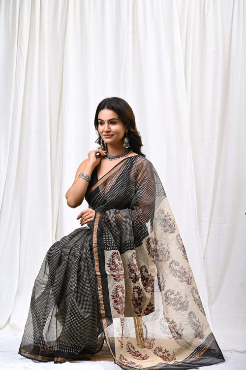 Black & Beige Floral Buti Bagru Hand Block Print Kota Doriya Silk Saree With Blouse Piece