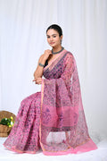 Pink & Purple Floral Jaal Bagru Hand Block Print Kota Doriya Silk Saree With Blouse Piece