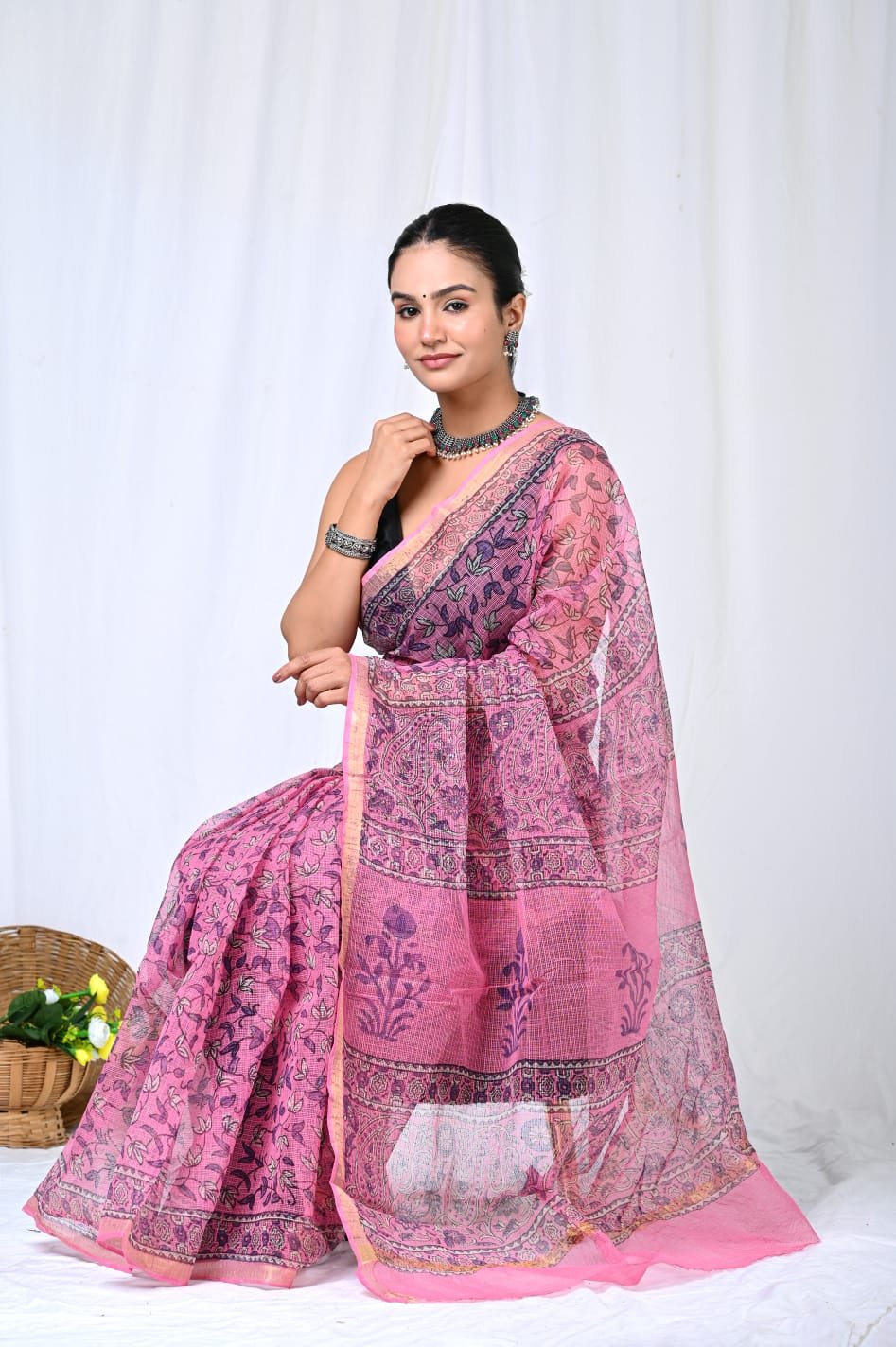 Pink Kota Doriya saree with floral Bagru hand block print motifs