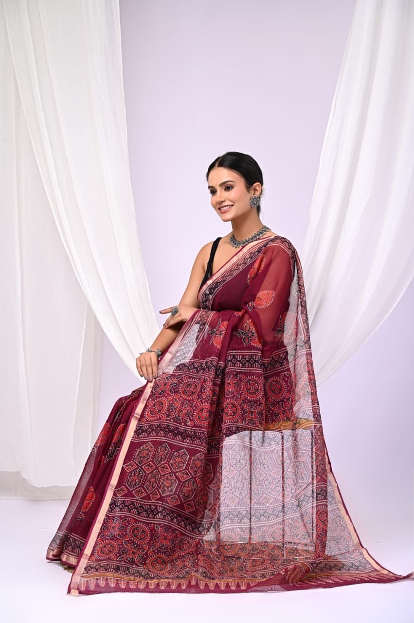 Maroon saree with floral Bagru hand block print and elegant border