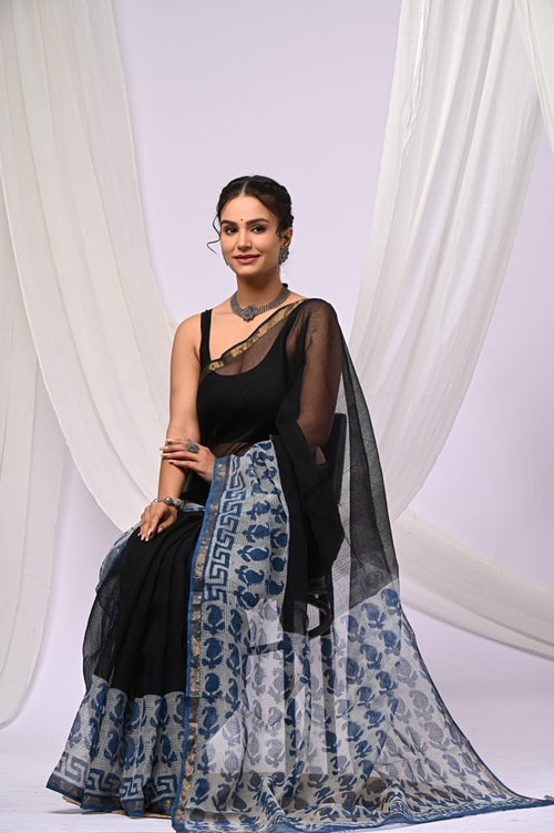 Black & Blue Floral Buti Bagru Hand Block Print Kota Doriya Silk Saree With Blouse Piece