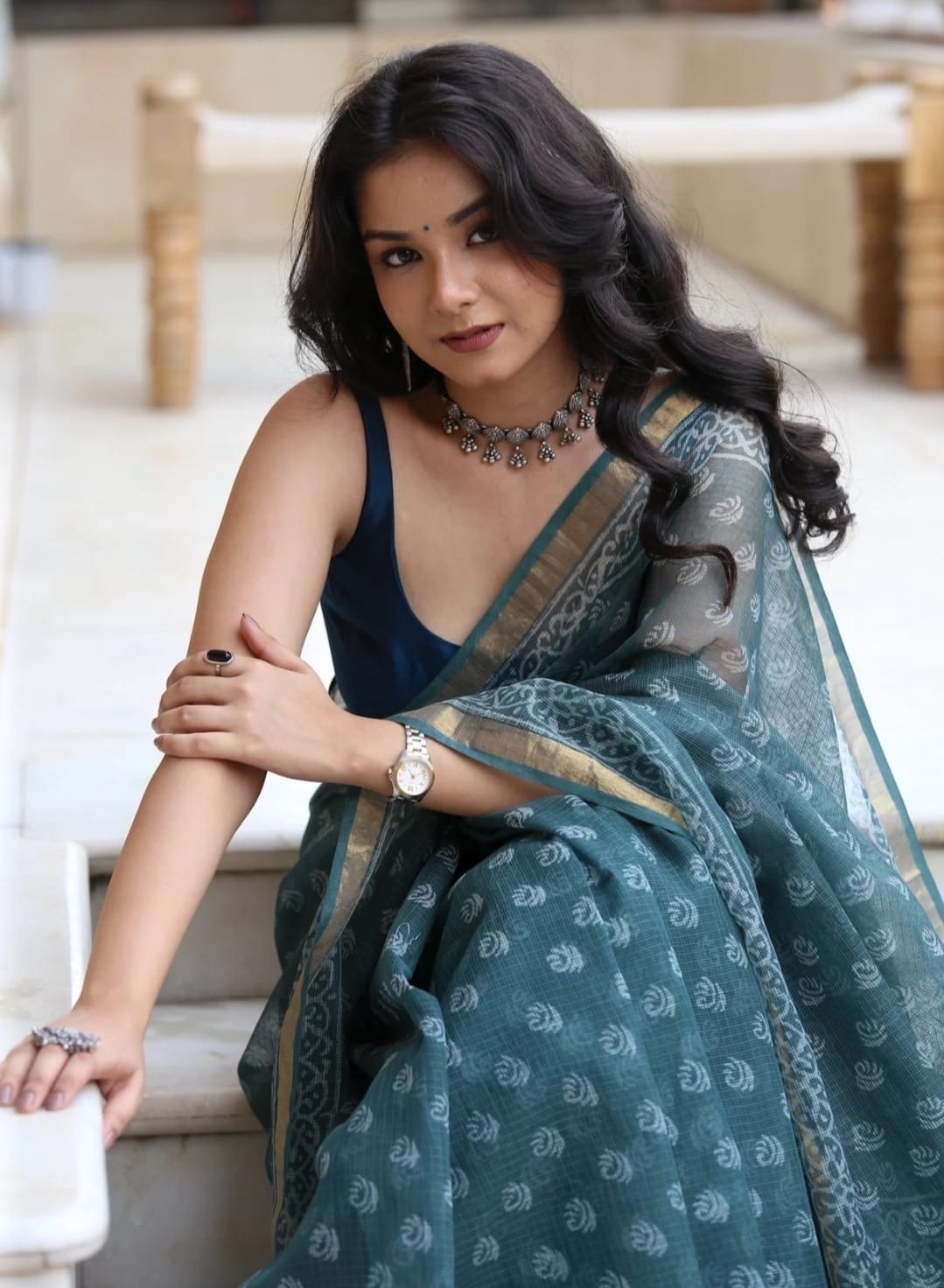 Teal Kota Doriya saree with floral Bagru hand block print and elegant border