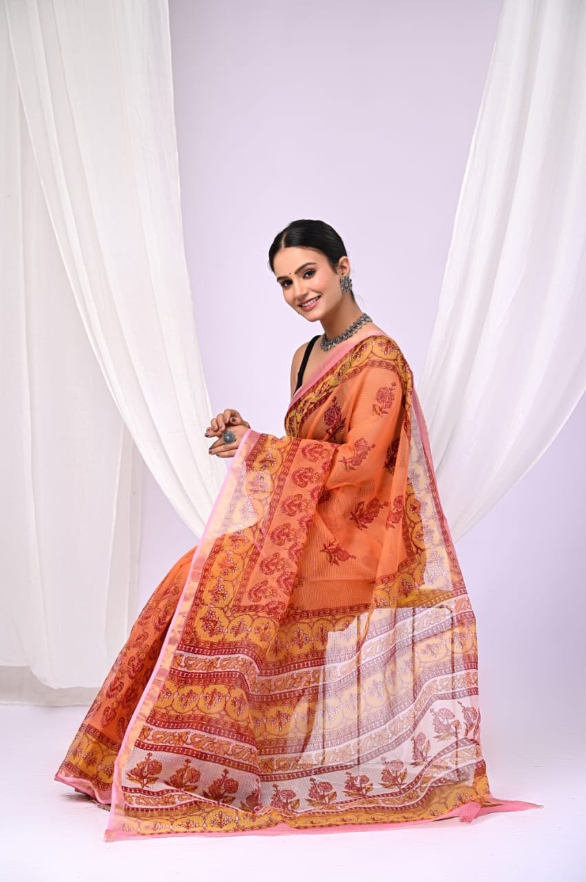 Orange and pink saree with floral Bagru hand block print motifs