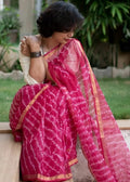 Pink & White Leheriya Waves Bagru Hand Block Printed Kota Doriya Silk Saree With Blouse Piece