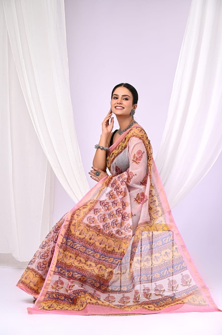Pink and yellow floral design Hand Block Print Kota Doriya Silk Saree