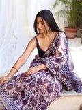 Deep Blue & Red Floral Bagru Hand Block Print Kota Doriya Silk Saree With Blouse Piece