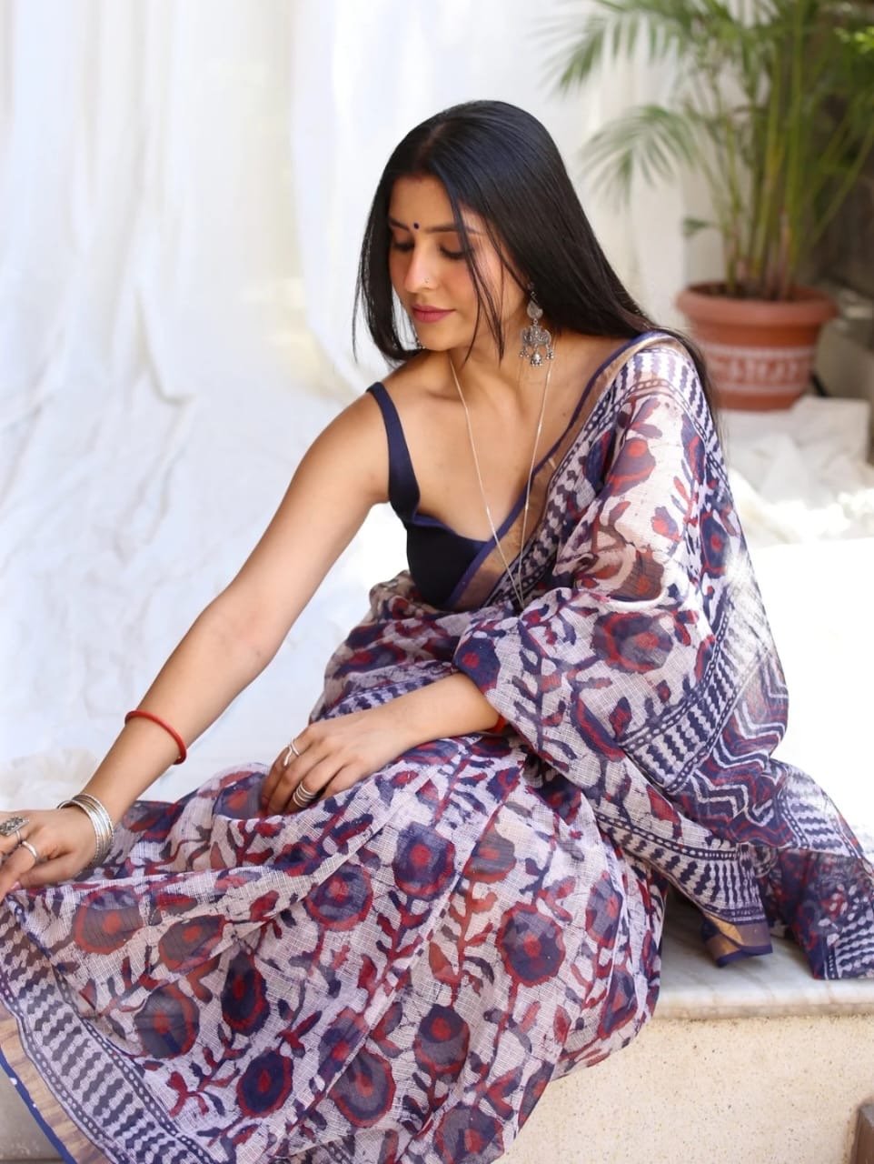 Deep blue and red floral hand block print saree with khat texture