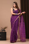 Purple & Gold Tie-Dye Bagru Hand Block Print Kota Doriya Silk Saree With Blouse Piece