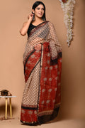 Maroon & Beige Floral Buti Bagru Hand Block Print Kota Doriya Silk Saree With Blouse Piece